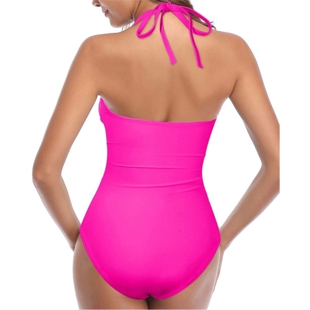 Brand New Tempt Me Hot Pink Tie Up Halter One-Piece Swimsuit Cutout Ruched Retro - Picture 2 of 16